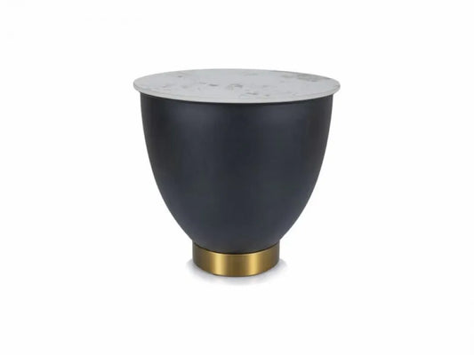 Masuta de colt Rotunda din Ceramica Alb lucios cu efect de marmura si Metal Negru/Auriu D48xH45cm Cyprus