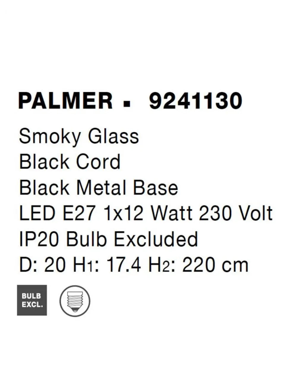 Pendul structura din Metal Negru si abajur din Sticla Fumuriu H220xL20cm IP20 PALMER