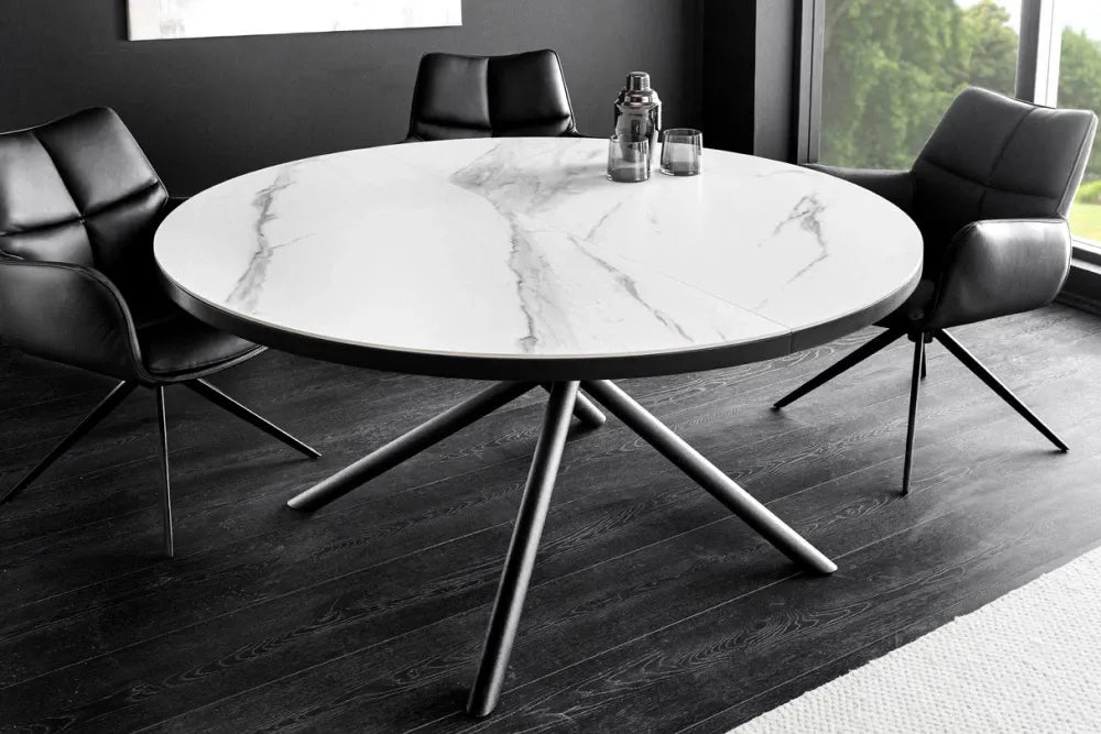 Masa din Sticla securizata/Ceramica Alb cu efect de marmura si Metal Negru L120-160xH77cm Mikado