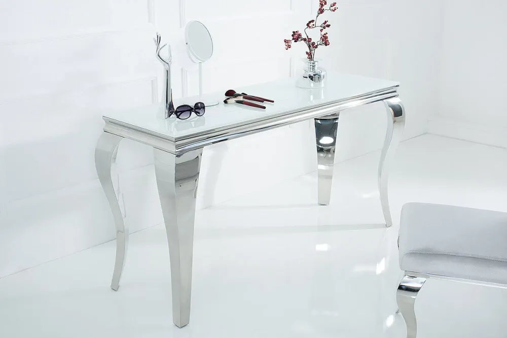 Consola din Sticla securizata Alb si Metal Argintiu L140xH75cm MODERN BAROCK