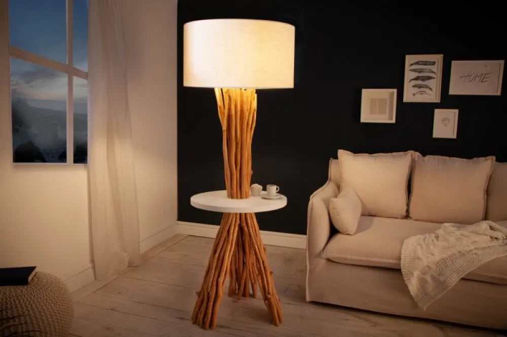 Lampa de podea din Lemn Maro si Textil Alb H153xD55cm Servant