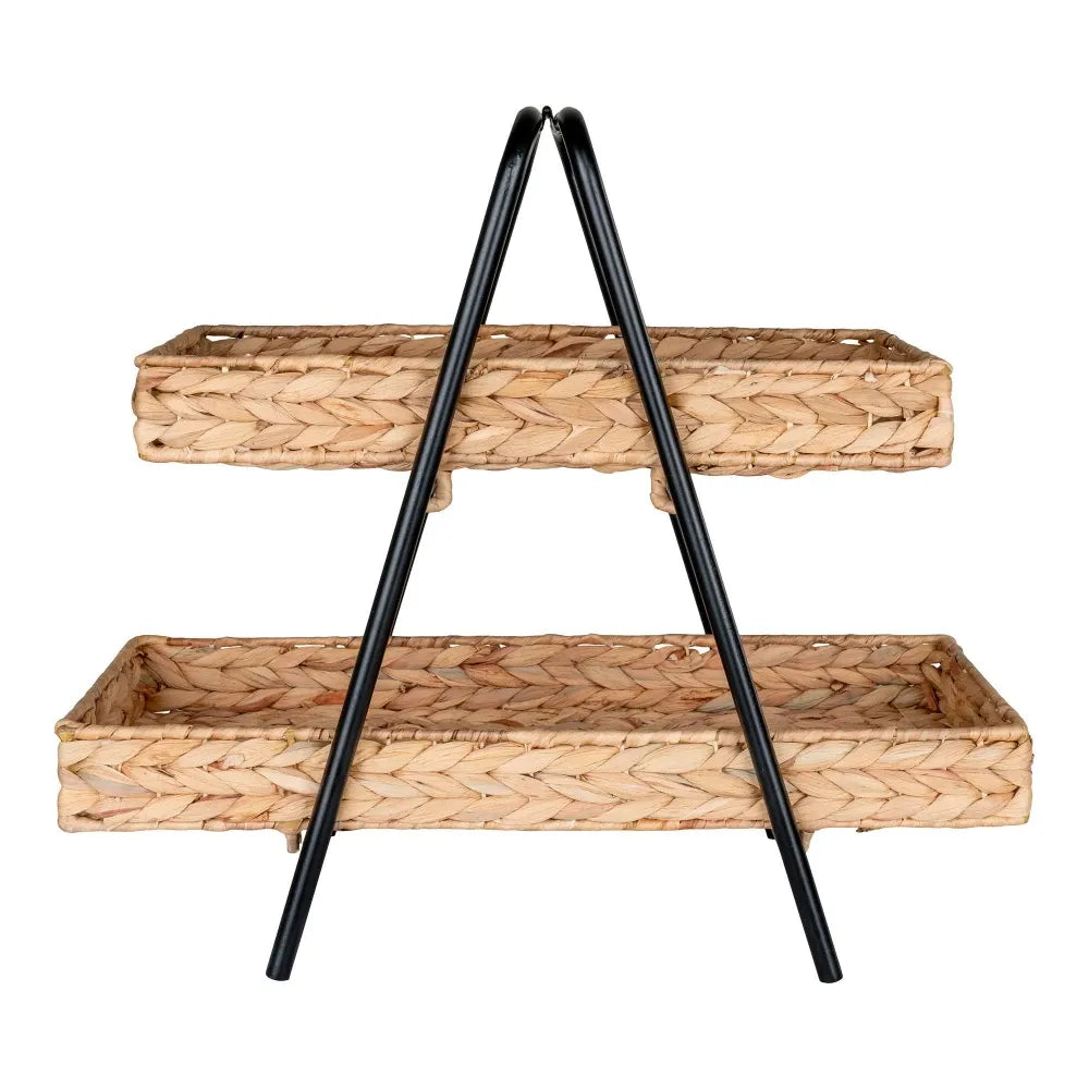 Etajera din Metal negru si spatii depozitare impletite natural Maro/Negru H43,5xL42cm Alfaro