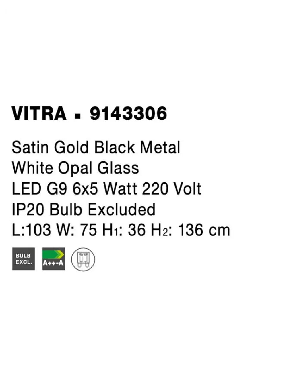 Lustra structura din Metal Negru/Auriu si abajur din Sticla Alb H136xL103cm IP20 VITRA