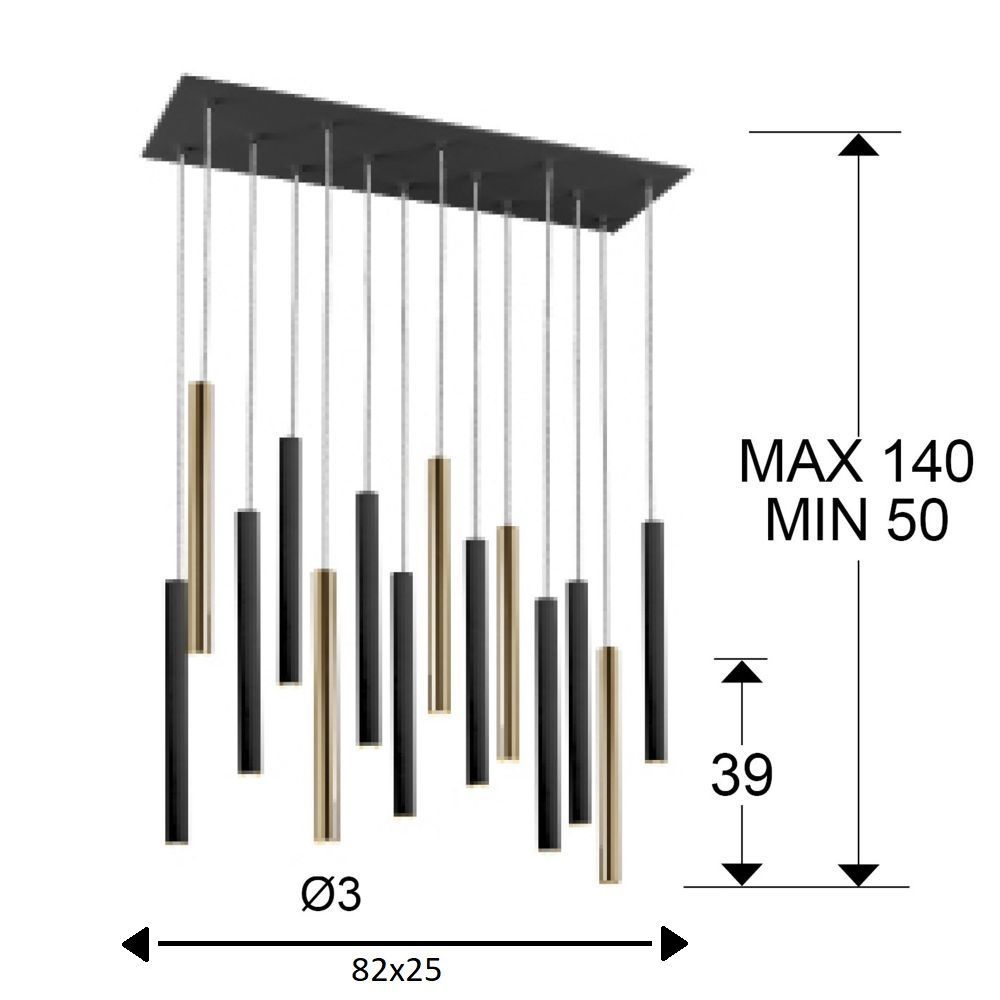 Lustra dreptunghiulara cu inaltime reglabila din Metal Negru/Auriu cu LED L82xH140cm Varas