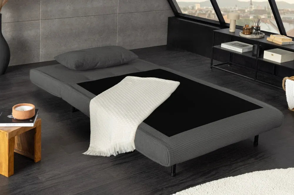 Fotoliu cu functie de dormit tapitat cu Raiat Gri si picioare din Lemn de pin Negru H82xL100xA91cm SMART MULTIFUNCTION