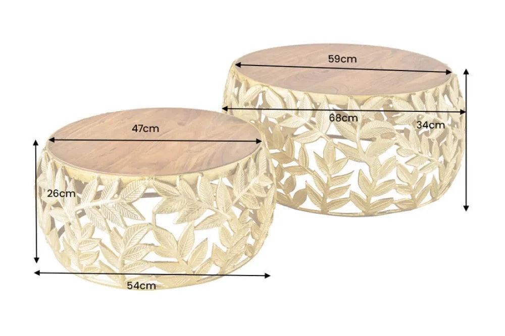 Set 2 masute de cafea din Lemn de salcam Maro si Metal Auriu D54/68xH26/34cm Abstract leaf