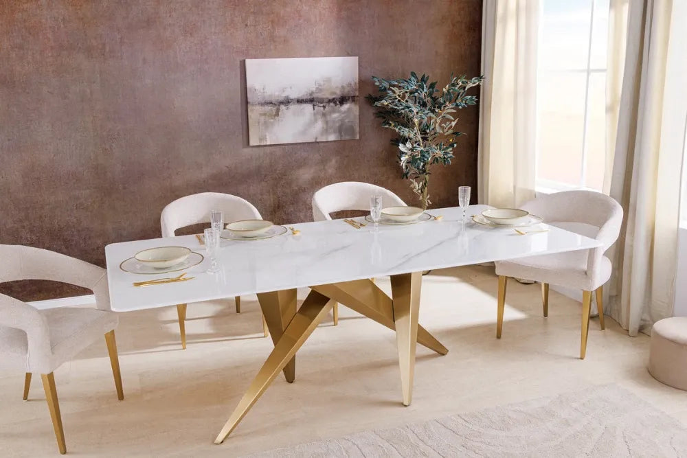 Masa din Ceramica Alb cu efect de marmura si Metal Auriu L200xH75cm Art living