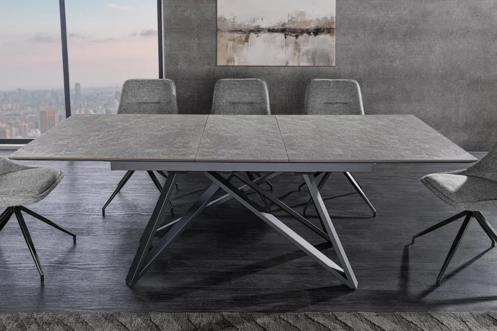 Masa din Sticla securizata/Ceramica Gri grafit si Metal Negru L160-200xH77cm Atlas