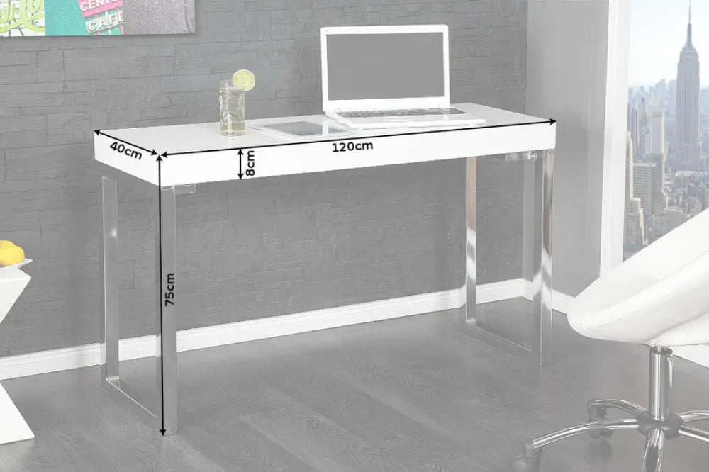Birou din MDF Alb lucios si Metal Argintiu L120xH75cm White