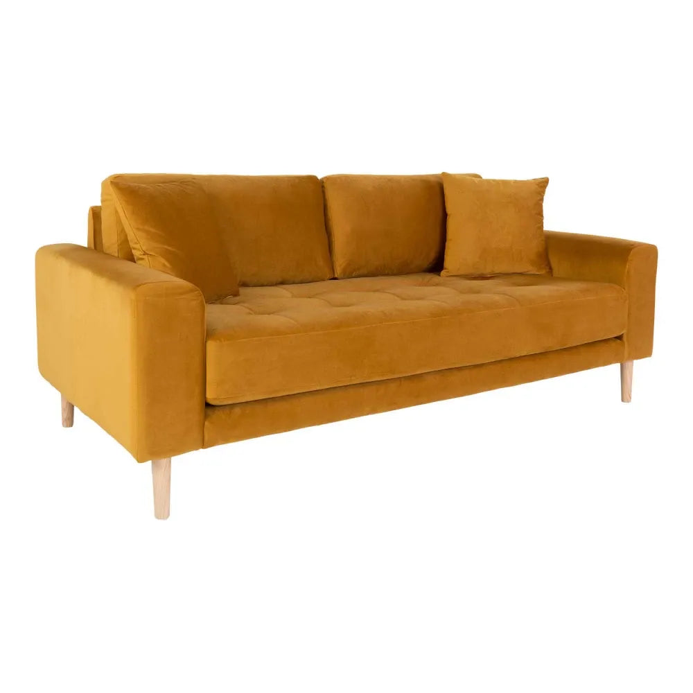 Canapea de 2 locuri cu picioare din lemn de fag maro tapitata cu Catifea Galben L180xH76cm Lido
