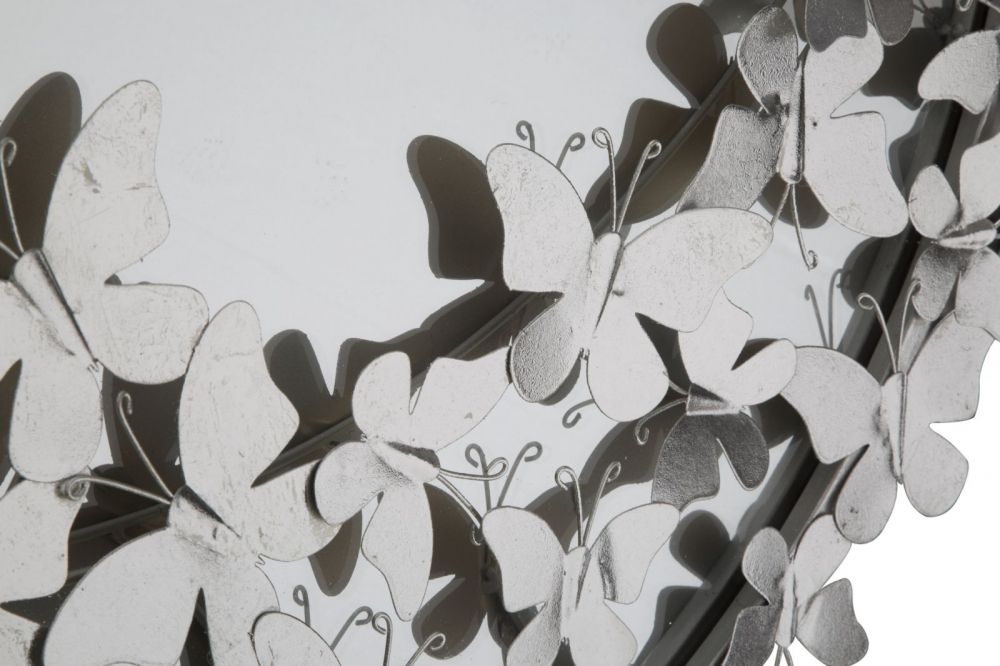 Oglinda Rotunda cu rama din Metal Argintiu Fluturi D91cm