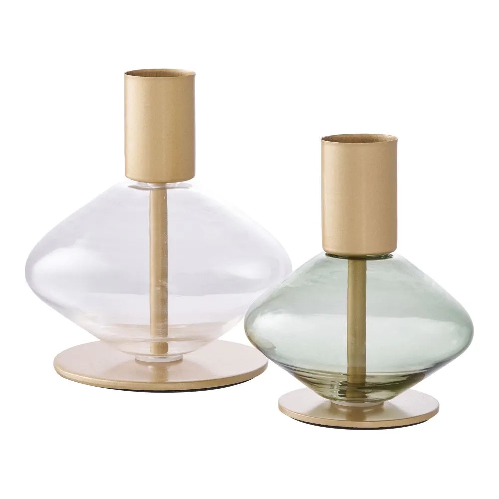 Set 2 suporturi lumanari din Sticla/Metal Transparent/Verde/Auriu H8.4/9.5xD7.2/8.7cm HN0919