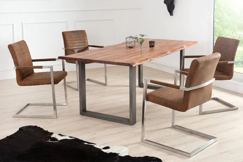Set 2 scaune cu brate tapitat cu Microfibra Maro si picioare din Otel inoxidabil Argintiu H91xL54xA55cm Loft