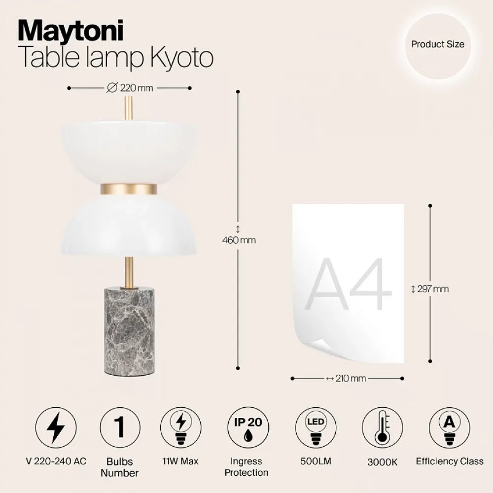 Veioza din Metal/Marmura Auriu/Gri si Abajur din Sticla Alb 11W 500lm 3000k D22xH46cm Kyoto