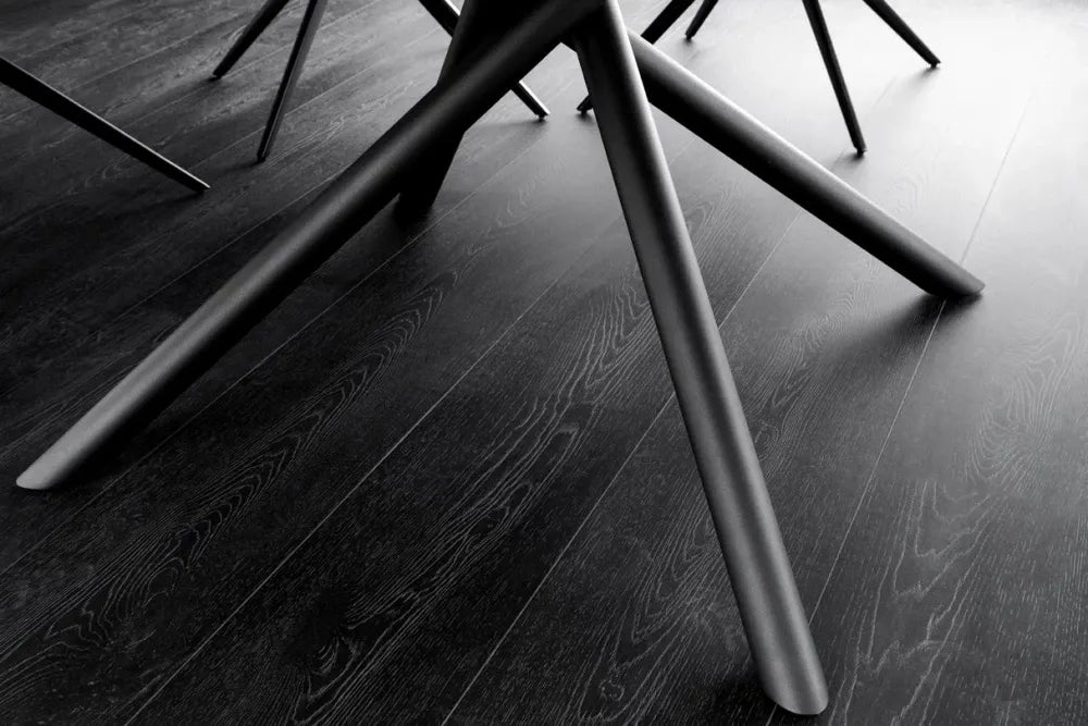 Masa din Sticla securizata/Ceramica Alb cu efect de marmura si Metal Negru L120-160xH77cm Mikado