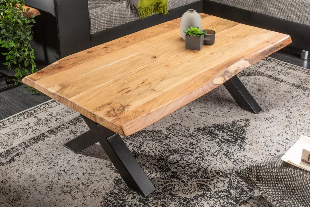 Masuta de cafea Dreptunghiulara din Lemn masiv de salcam Maro si Metal Negru L110xH40cm Mammut