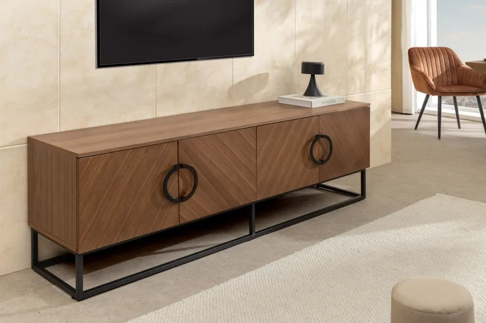 Comoda TV din MDF/Furnir de nuc Maro si Metal Negru L180xH60cm GRANDEZZA
