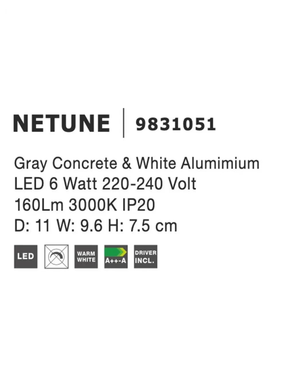 Aplica de perete structura din Aluminiu Alb si abajur din Gips Gri H7.5xL11cm IP20 6W 160lm 3000k NETUNE