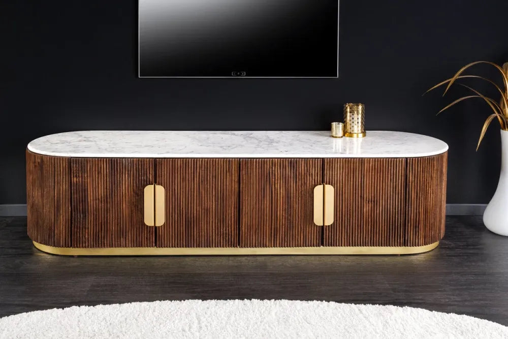 Comoda TV din Marmura Alb si Lemn de mango/Metal Maro/Auriu L170xH45cm GATSBY