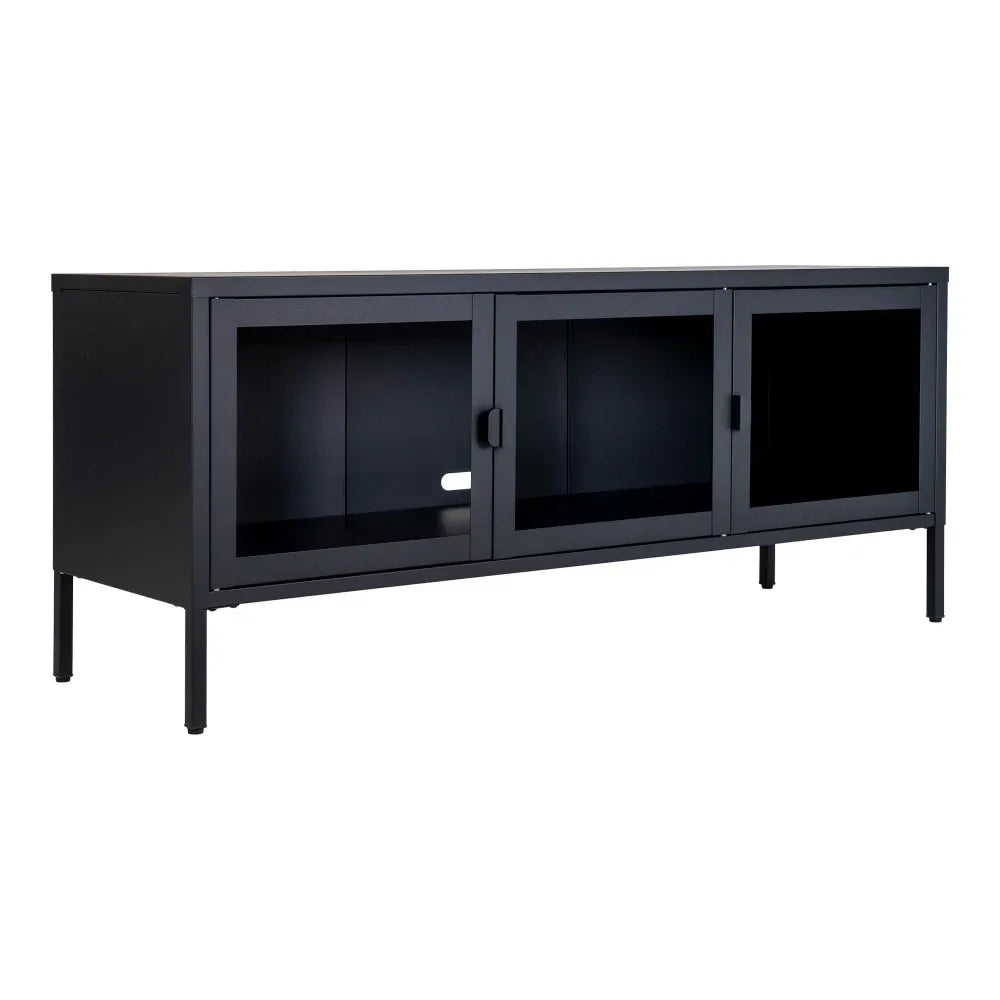 Comoda TV cu 3 usi din Sticla transparenta si Metal Negru L130xH55cm Brisbane