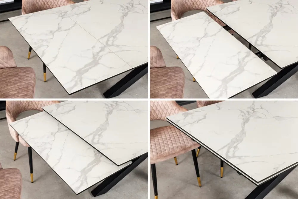 Masa din Sticla securizata/Ceramica Alb cu efect de marmura si Metal Negru L180-220-260xH76cm Marvelous