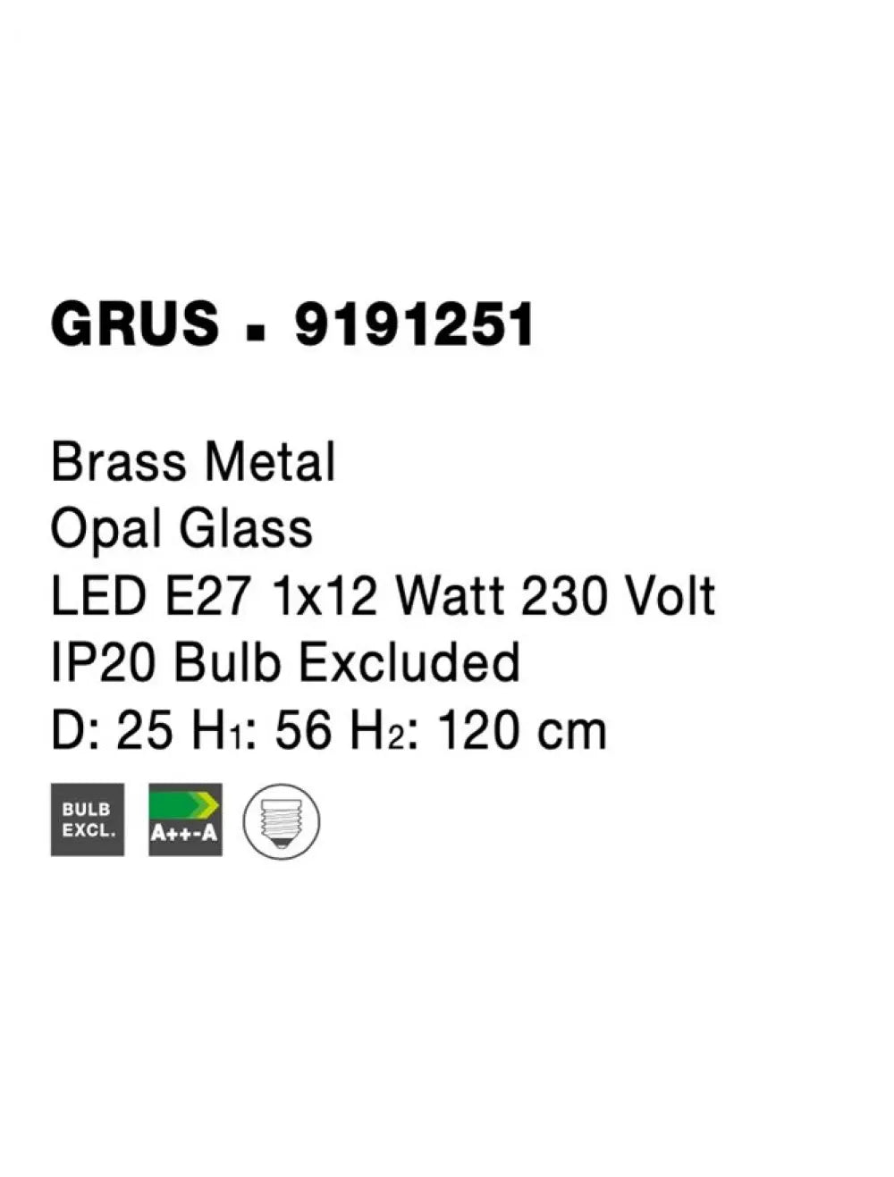 Pendul structura din Metal Alama si abajur din Sticla Alb H120xL25cm IP20 GRUS