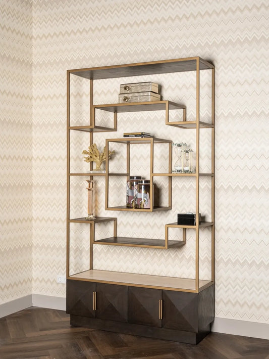 Biblioteca din Lemn Maro si Travertin/Furnir Bej/Maro L120xH220cm Claremont