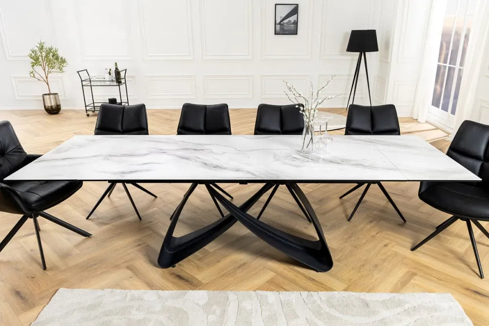 Masa din Sticla securizata/Ceramica Alb cu efect de marmura si Metal Negru L180-220-260xH76cm Infinity