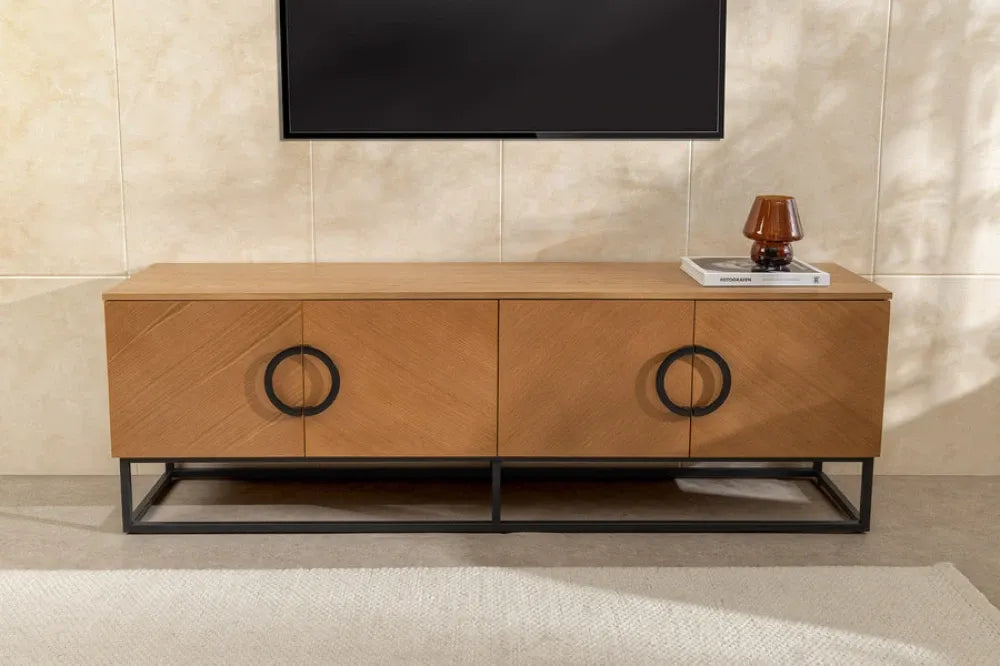 Comoda TV din MDF/Funir de stejar Maro si Metal Negru L180xH60cm GRANDEZZA