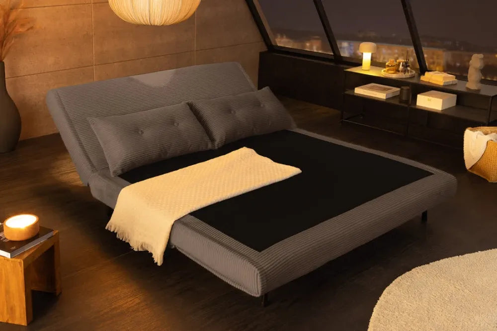 Fotoliu cu functie de dormit tapitat cu Raiat Gri si picioare din Lemn de pin Negru H83xL140xA90cm SMART MULTIFUNCTION