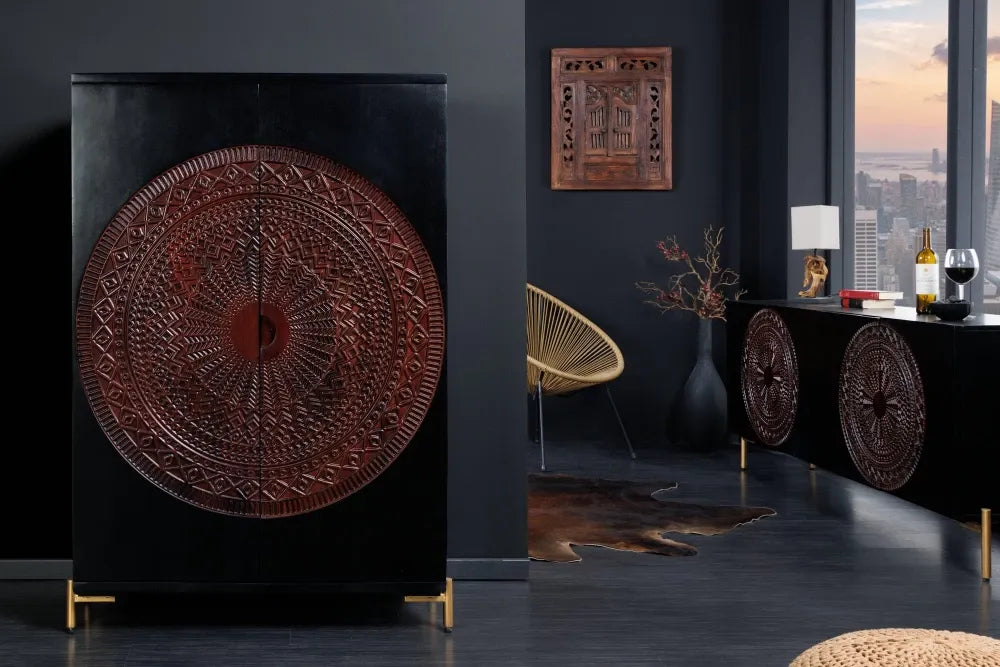 Dulap bar din Lemn de mango Negru/Maro si Metal Auriu L95xH141cm MANDALA