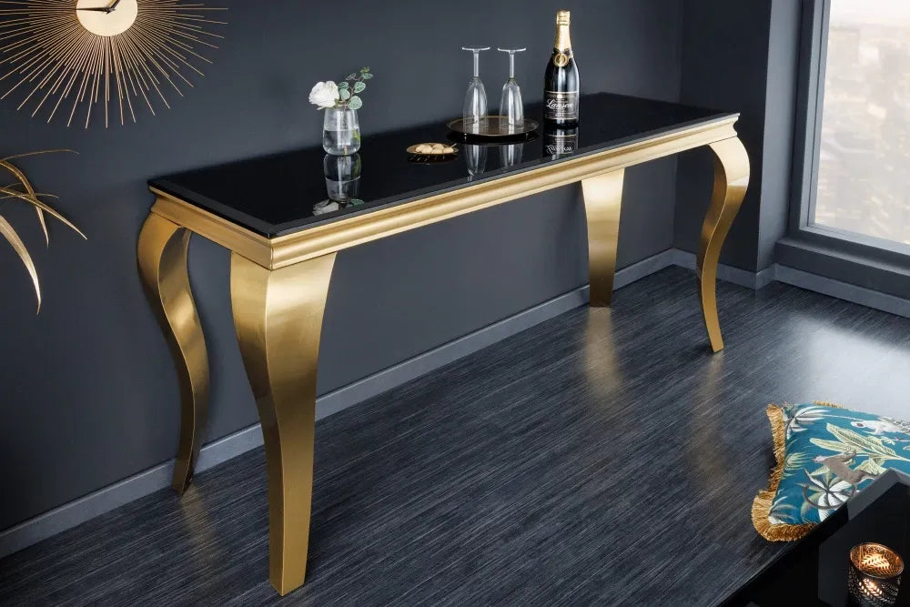 Consola din Sticla securizata Negru si Otel inoxidabil Auriu L145xH75cm MODERN BAROCK