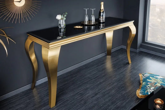 Consola din Sticla securizata Negru si Otel inoxidabil Auriu L145xH75cm MODERN BAROCK
