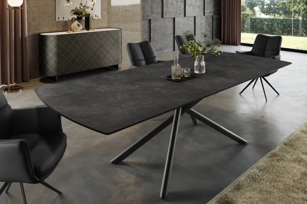 Masa din Sticla securizata/Ceramica Gri cu efect de marmura si Metal Negru L180-230xH77cm Mikado