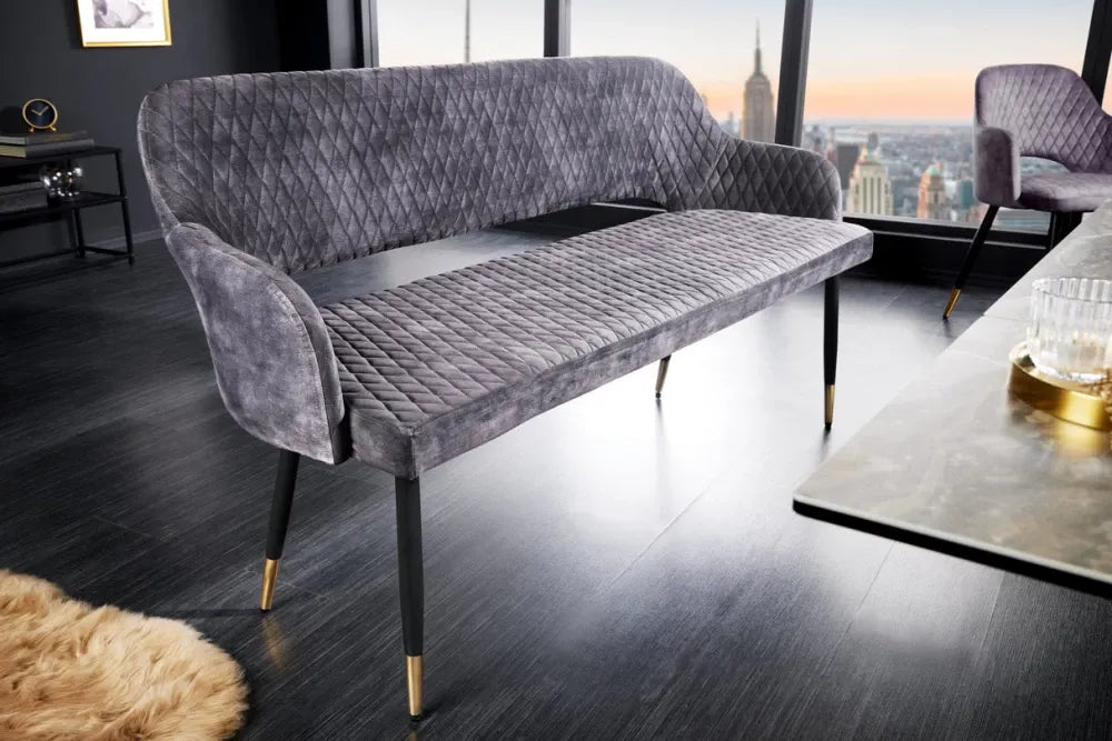 Banca din Metal Negru/Auriu si Catifea Gri H82xL162cm Paris