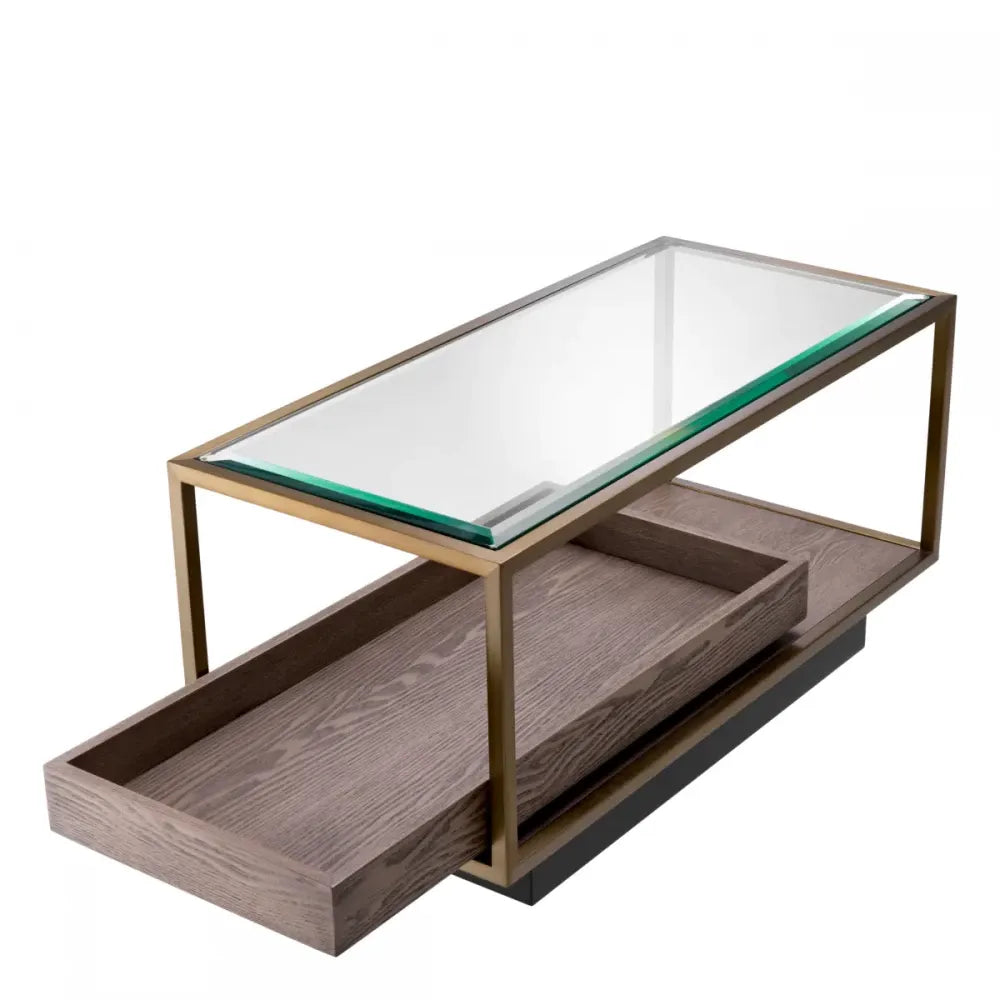 Masuta laterala Dreptunghiulara din Otel inoxidabil/Furnir de stejar Alama/Maro si Sticla Transparent L90xl42cm Roxton Eichholtz