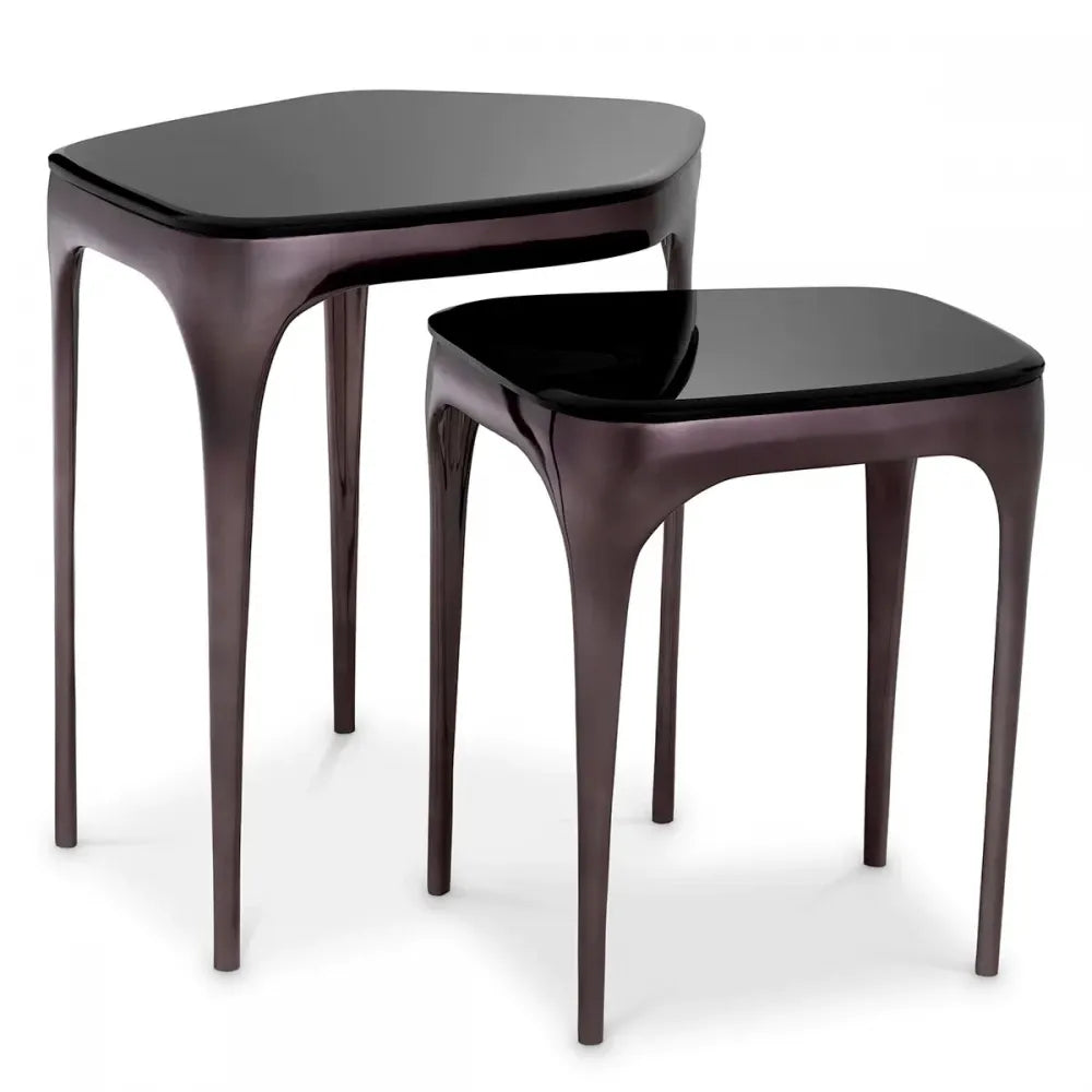 Set 2 masute laterale Asimetrice din Aluminiu Negru si Sticla Negru L41/62.5xl36/46.5cm Deacon Eichholtz
