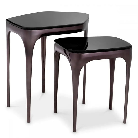 Set 2 masute laterale Asimetrice din Aluminiu Negru si Sticla Negru L41/62.5xl36/46.5cm Deacon Eichholtz