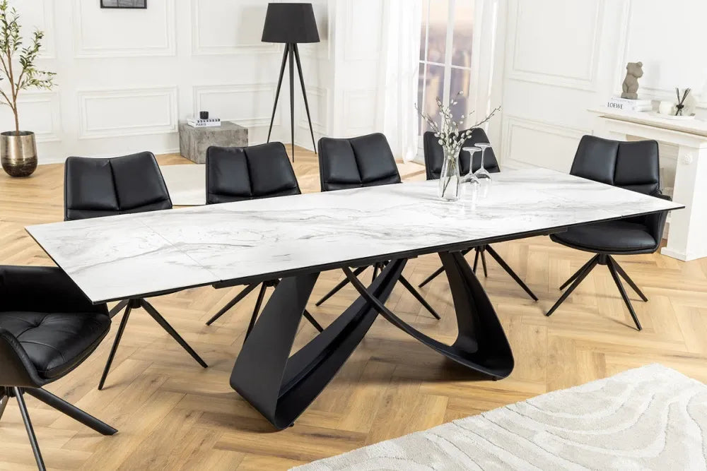 Masa din Sticla securizata/Ceramica Alb cu efect de marmura si Metal Negru L180-220-260xH76cm Infinity