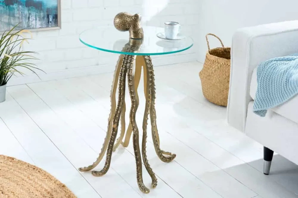 Masuta laterala din Sticla securizata Transparent si Metal Auriu L45xH67cm Wildlife octopus