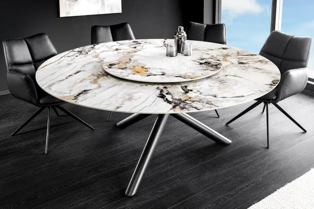 Masa rotunda din Sticla securizata/Ceramica Multicolor si Metal Negru D150xH76cm Spin
