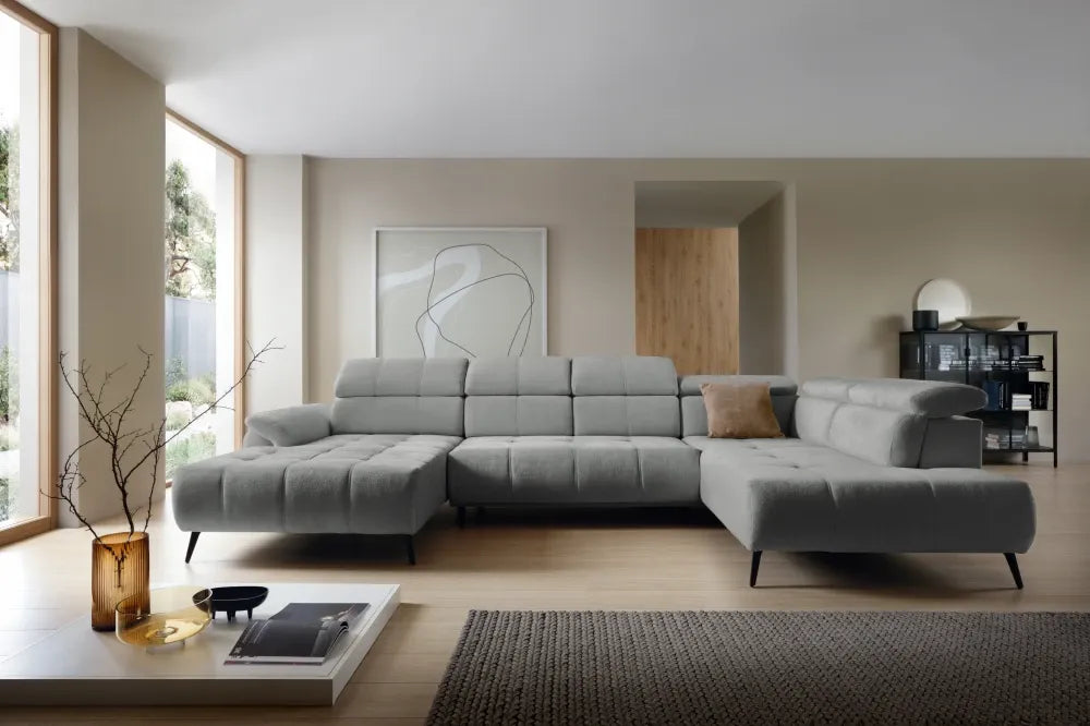 Coltar extensibil electric In forma de U  tapitat cu Chenille Gri deschis cu lada depozitare Genova III