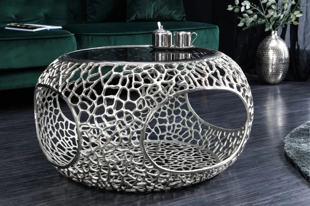 Masuta de cafea din Sticla securizata Negru si Metal Argintiu L74xH40cm Spin