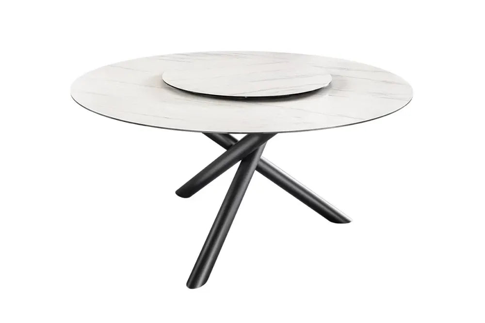 Masa rotunda din Ceramica Alb cu efect de marmura si Metal Negru D150xH76cm Spin