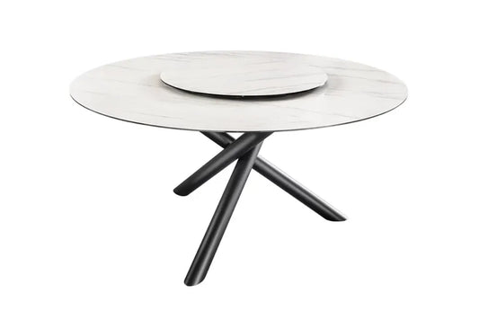Masa rotunda din Ceramica Alb cu efect de marmura si Metal Negru D150xH76cm Spin