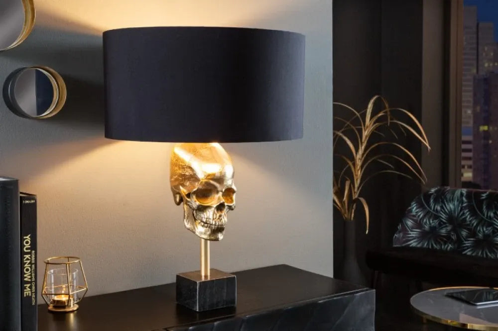 Veioza din Metal Auriu si Bumbac Negru H56xD40cm Skull
