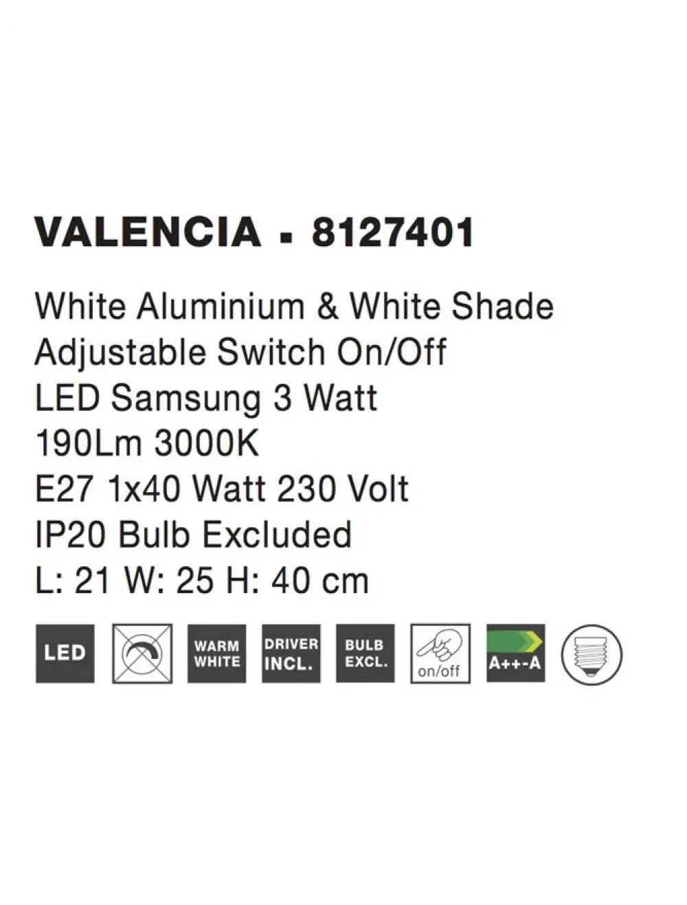 Aplica de perete structura din Aluminiu Alb si abajur din Textil Alb H40xL21cm IP20 3W 190lm 3000k VALENCIA