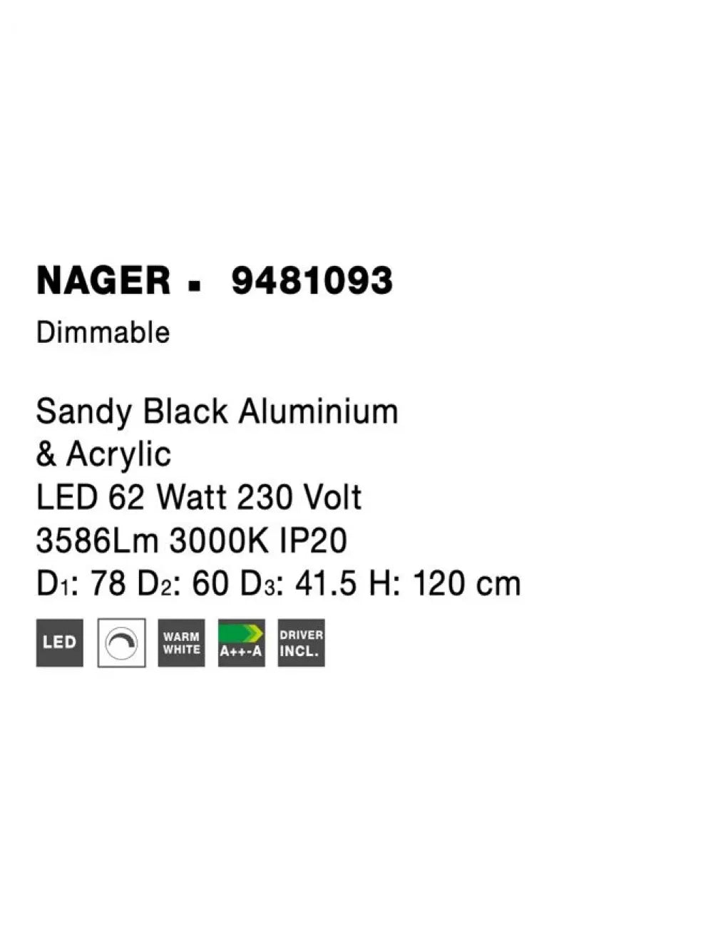 Lustra din Aluminiu Negru H120xL78cm IP20 62W 3586lm 3000k NAGER
