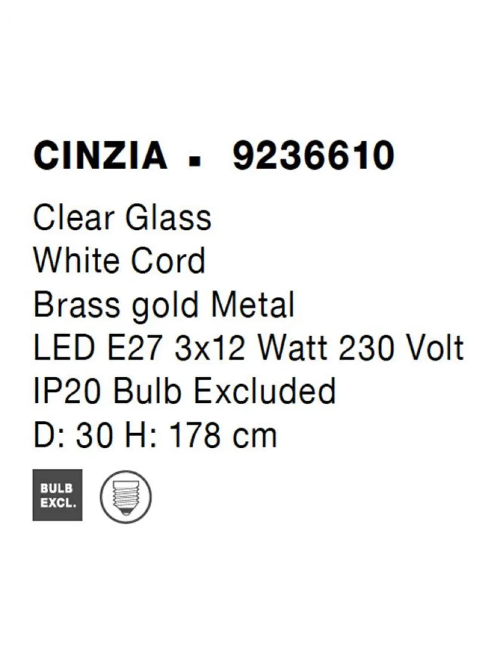 Lustra structura din Metal Alama si abajur din Sticla Transparent H178xL30cm IP20 CINZIA