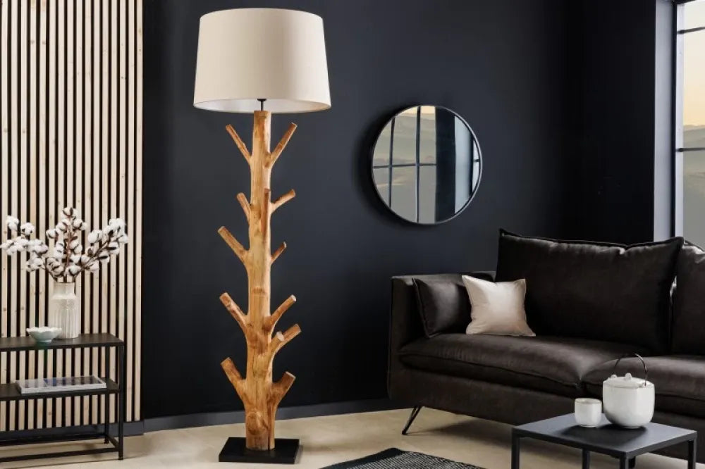 Lampa de podea din Lemn Maro si Textil Bej H175xD55cm Tree